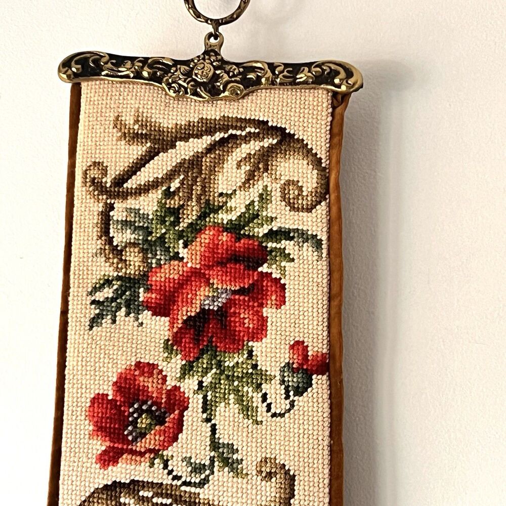 Vtg 7Os Poppies Needlepoint Bell Pull Wall Hanging Tapestry Brass Hardware - Picture 3 of 16